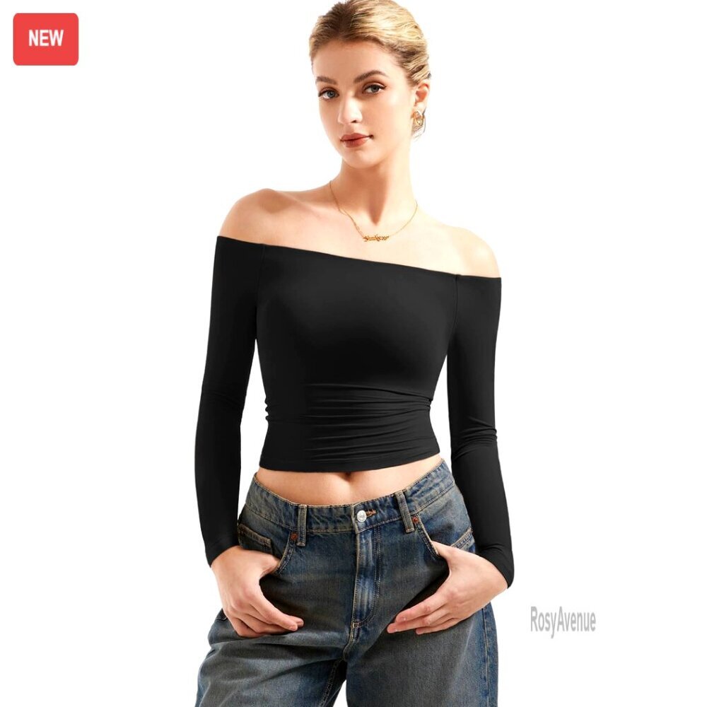 Off Shoulder Long Sleeve Crop Top, Double Lined, Stretchy, Recycled Material